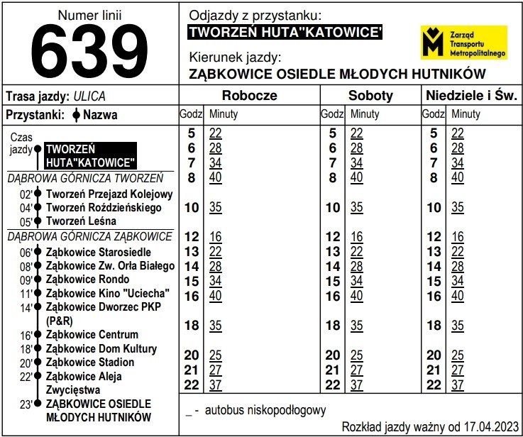 Rozkład jazdy linii 639 Tworzeń Ząbkowice