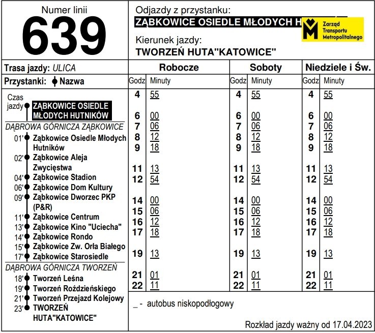 Rozkład jazdy linii 639 Ząbkowice Tworzeń