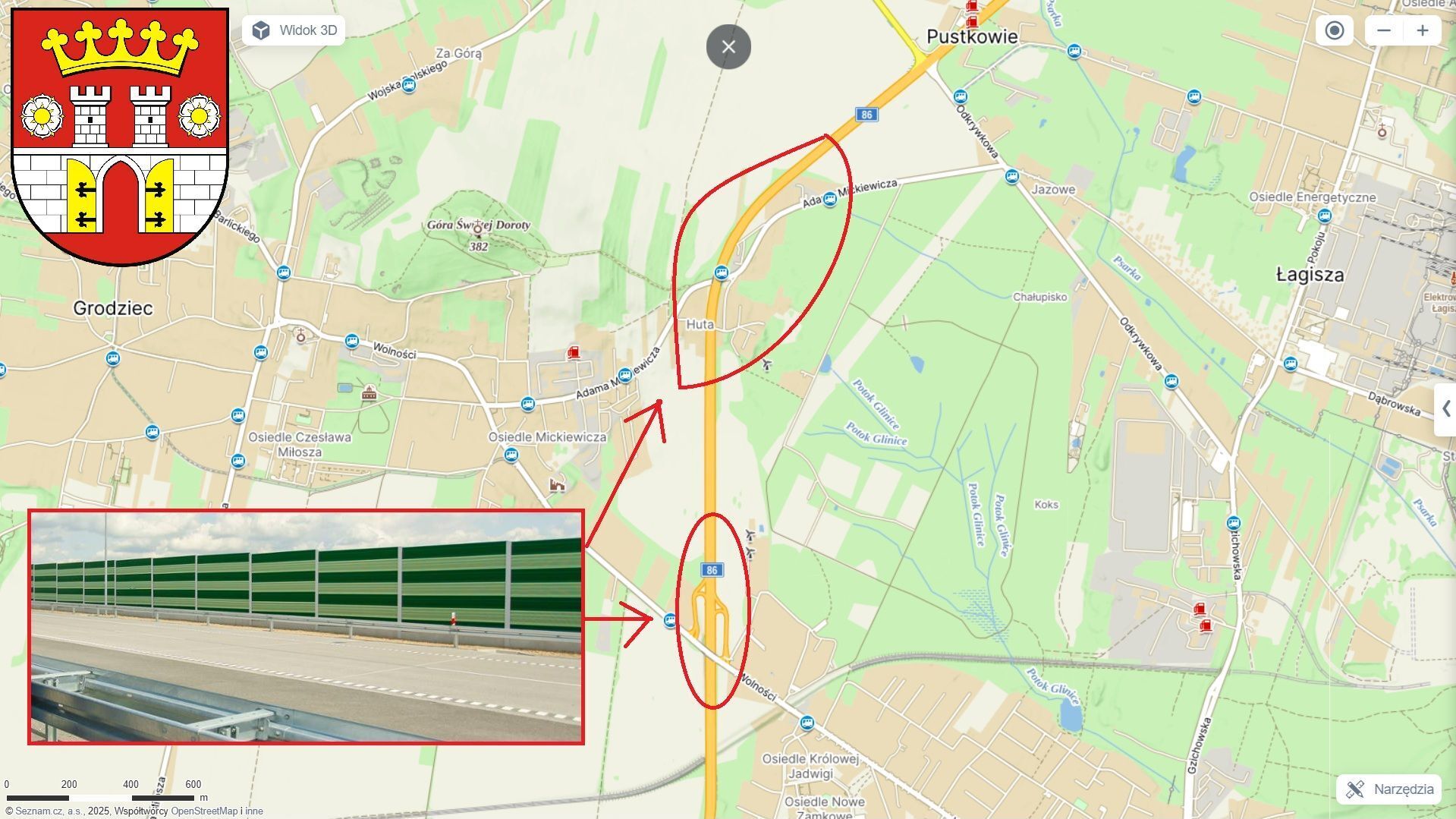 Droga Krajowa 86 w Będzinie. Mapa z zaznaczonymi miejscami planowanej budowy ekranów akustycznych. 28 lutego 2025.