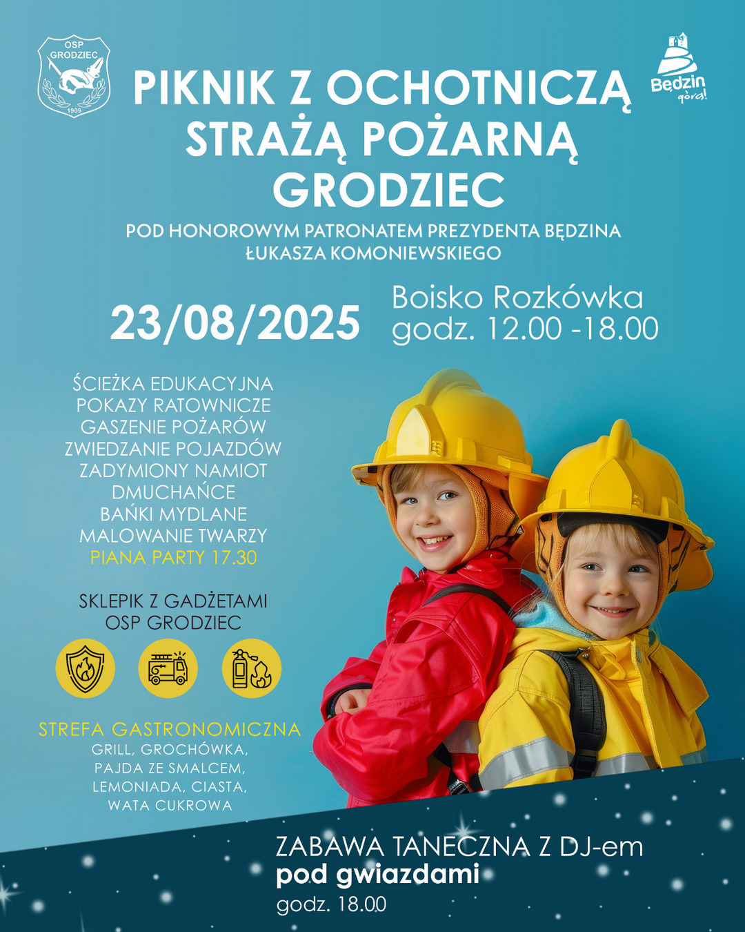 Będzin. Piknik z OSP Grodziec 2025 w parku «Rozkówka» w Grodźcu. Plakat.