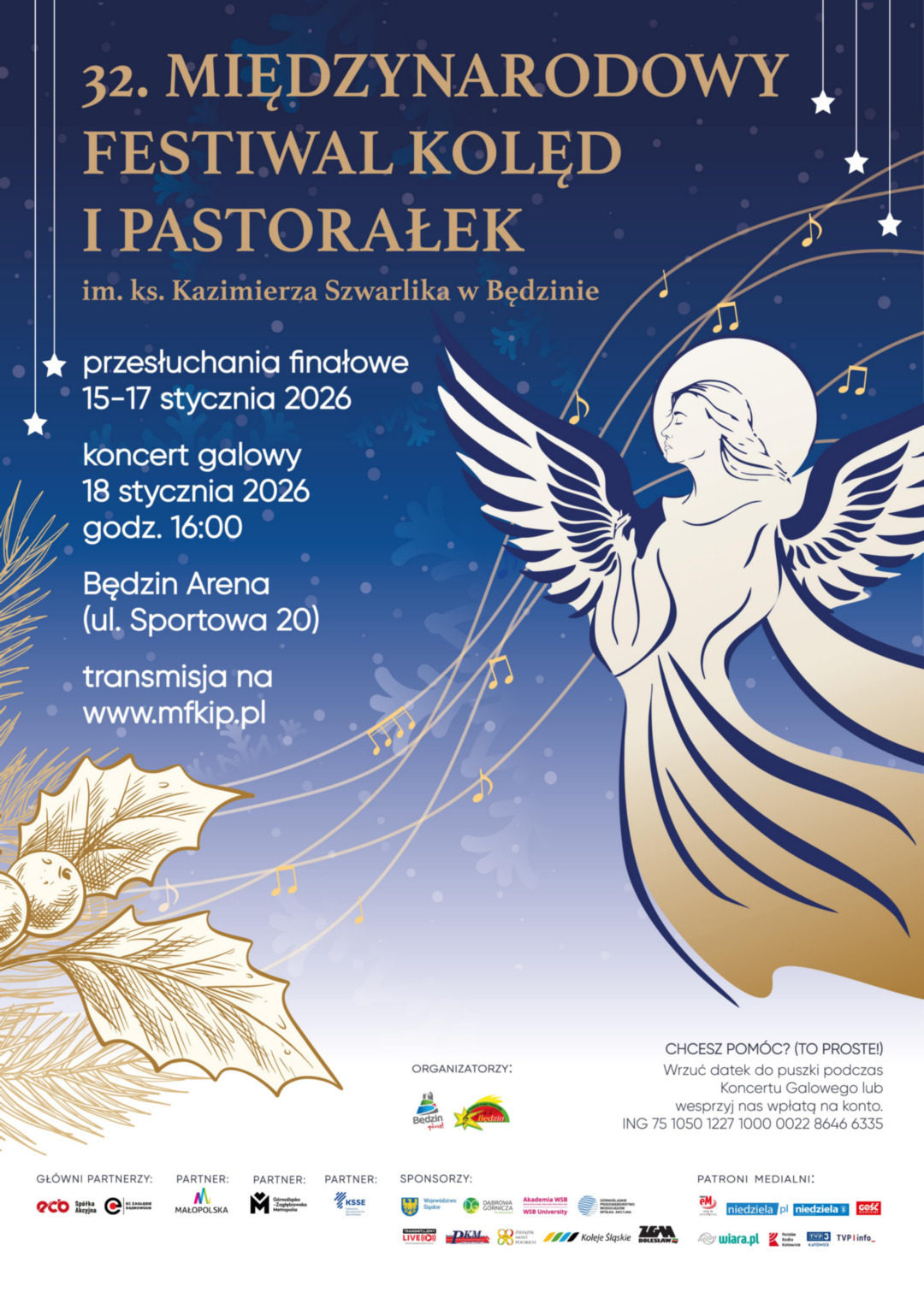 32. Międzynarodowy Festiwal Kolęd i Pastorałek im. ks. Kazimierza Szwarlika w Będzinie. Plakat. 15-19 stycznia 2026.