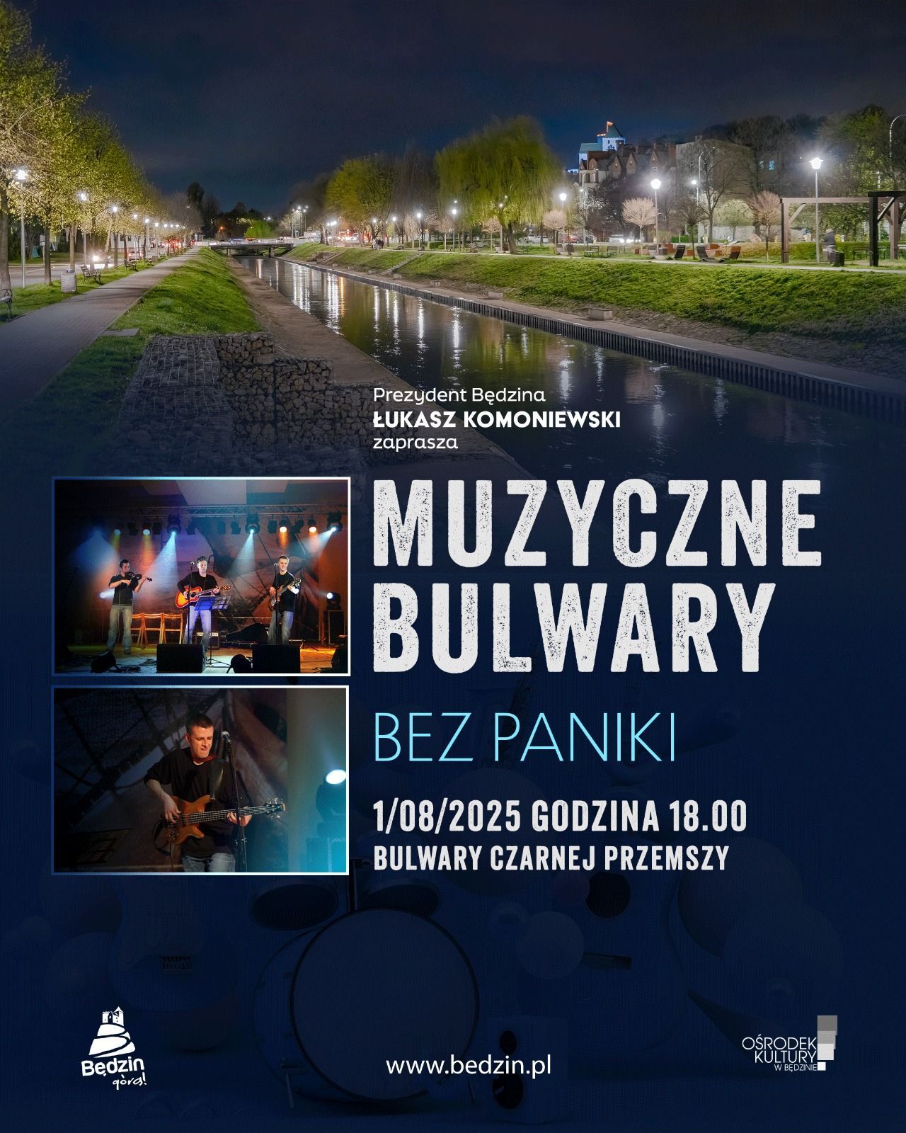 Muzyczne Bulwary 2025 w Będzinie. Koncert zespołu Bez Planu. Plakat. 1 sierpnia 2025.