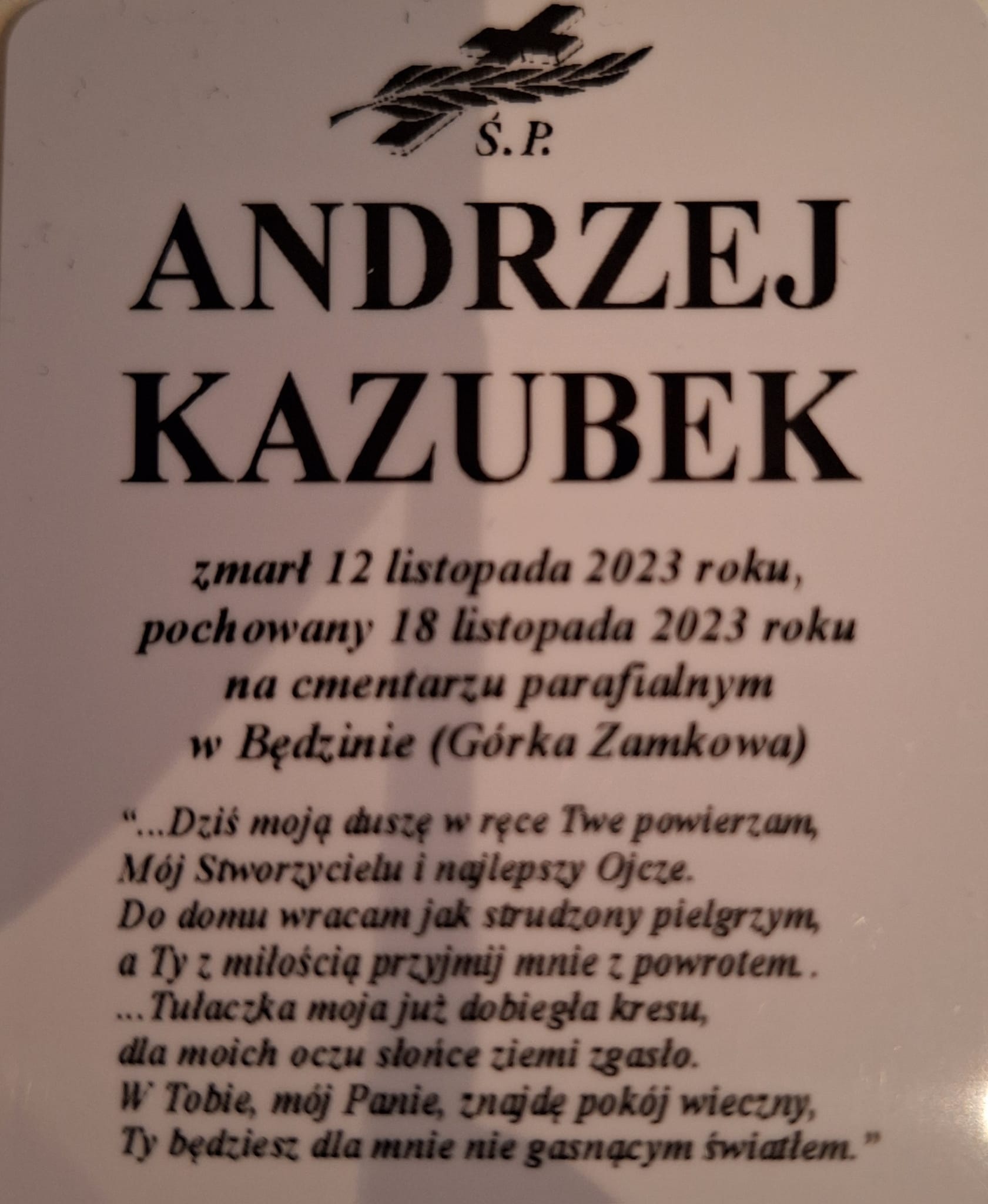 Nekrolog Andrzeja Kazubka – ofiary wypadku ze skutkiem śmiertelnym z 12 listopada 2023 roku. 18 listopada 2023.