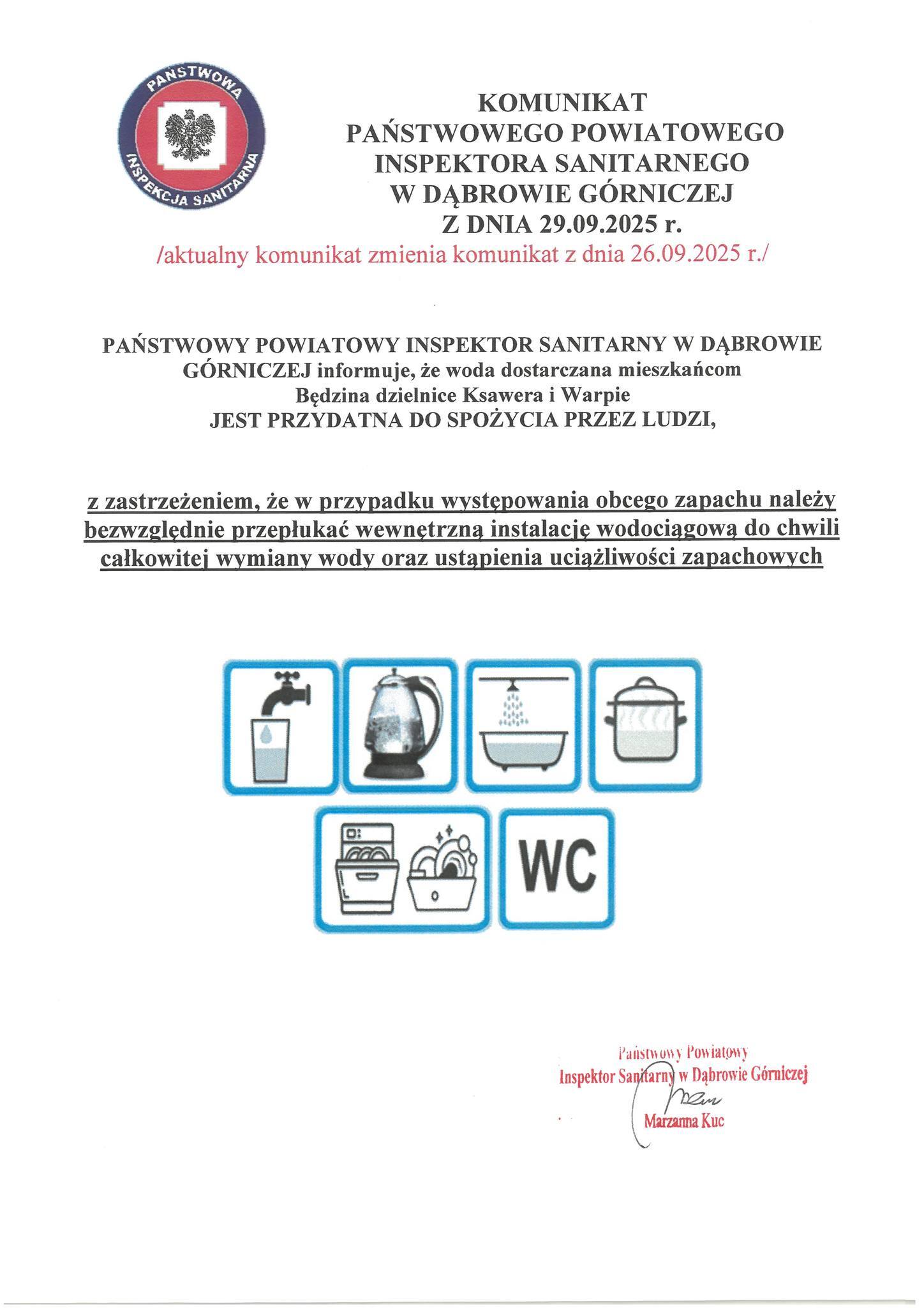 Komunikat w sprawie jakości wody w związku z zanieczyszczeniem jej w Będzinie – Ksawera i Warpie. 29 września 2025.