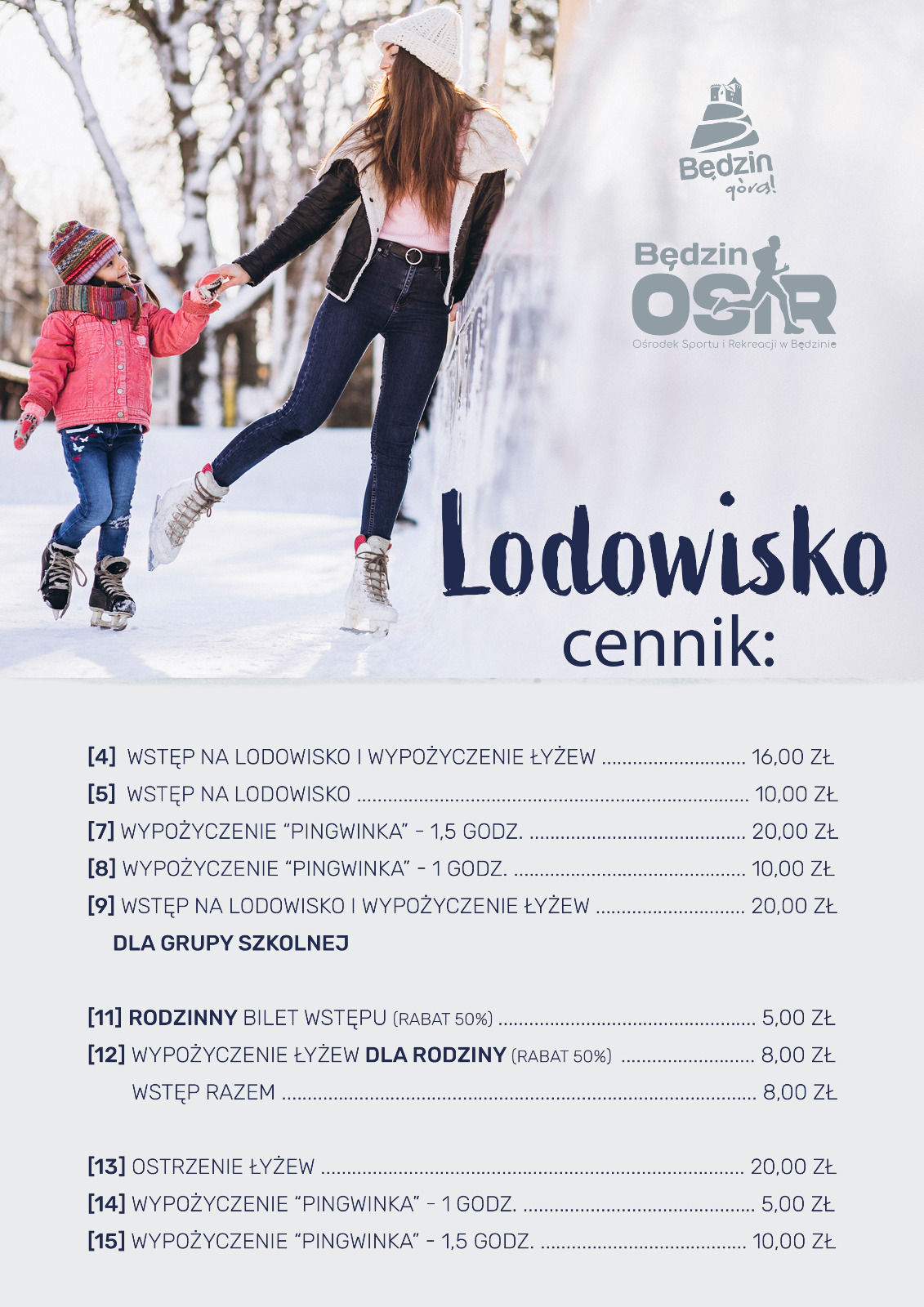 Będzin. Lodowisko plenerowe przy Ośrodku Sportu i Rekreacji. Cennik – zima 2025 / 2026.