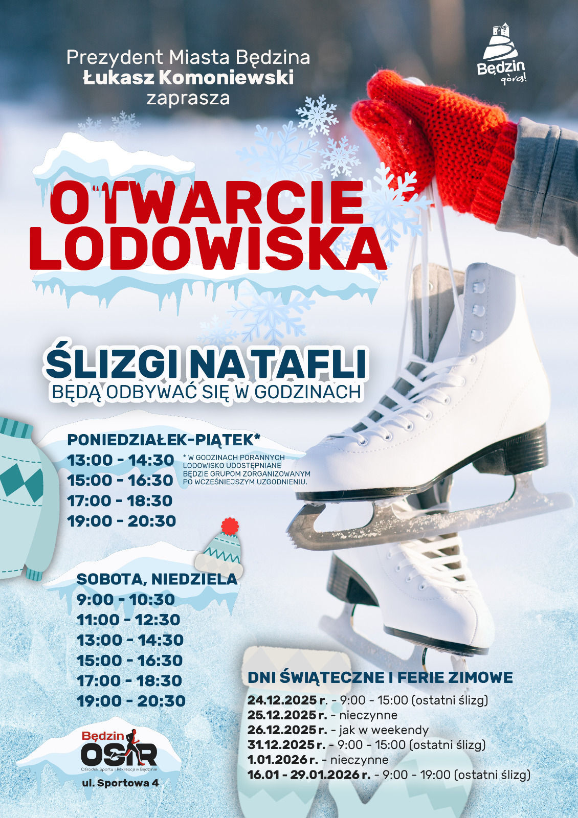 Będzin. Lodowisko plenerowe przy Ośrodku Sportu i Rekreacji. Godziny otwarcia – zima 2025 / 2026.