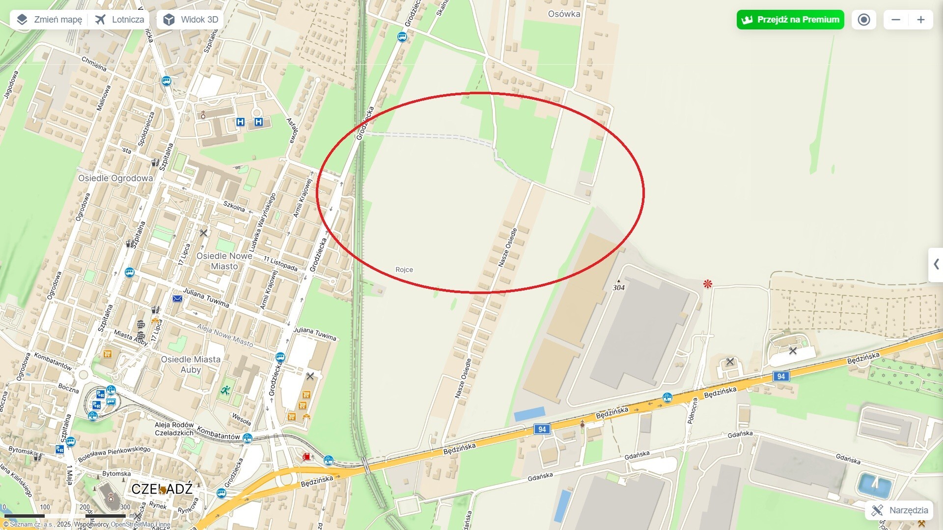 Czeladź-Rojce. Rejon budowanej obwodnicy. Mapa.