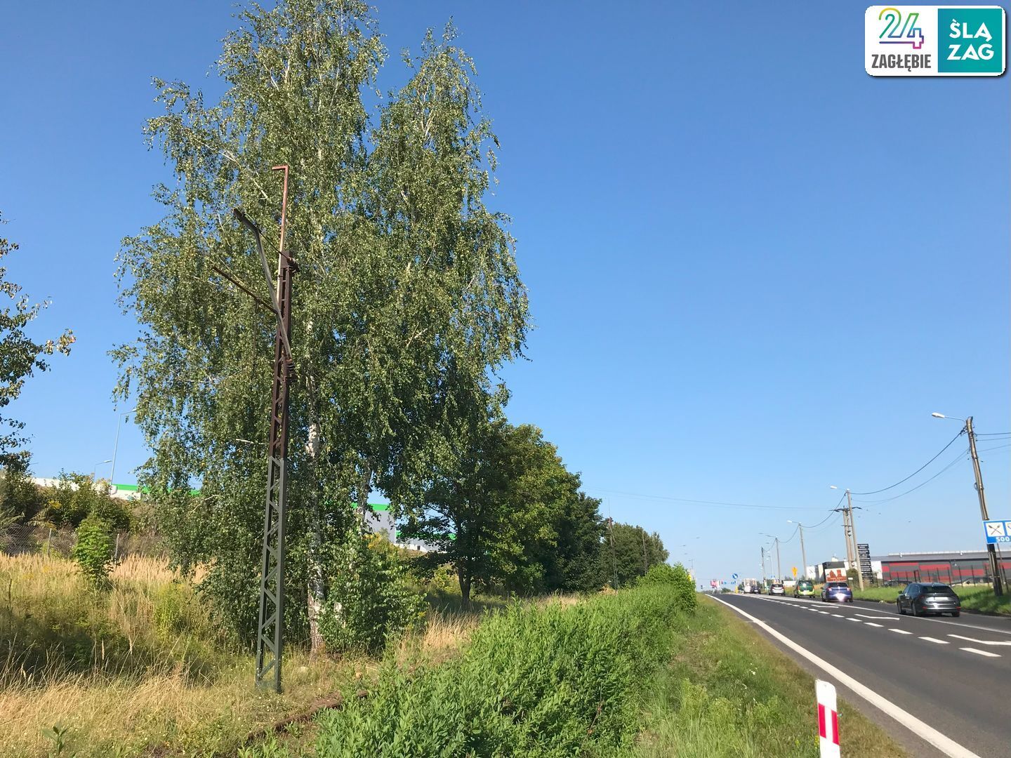 Czeladź. Ul. Będzińska. Uszkodzone słupy tramwajowej trakcji elektrycznej po kradzieży przewodów. 13 sierpnia 2025.