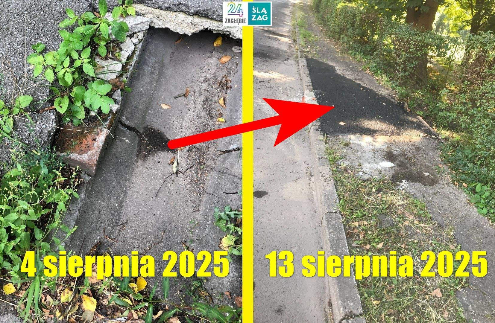 Czeladź. Ulica Katowicka. Naprawa drogi z chodnikiem po naszej interwencji. 4-13 sierpnia 2025.