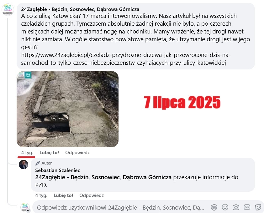 Interwencja red. 24Zagłębie u Starosty Powiatowego w Będzinie Sebastiana Szaleńca w sprawie stanu ulicy Katowickiej w Czeladzi. 7 lipca 2025.