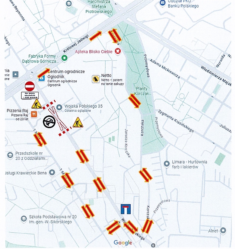 Dąbrowa Górnicza. Awaria kanalizacji – mapa objazdów. 20 sierpnia 2025 roku.