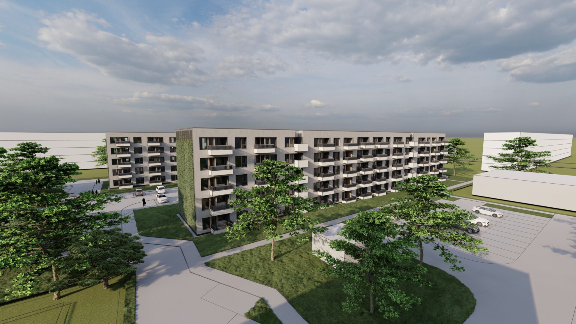 Dąbrowa Górnicza-Gołonóg. Nowe bloki TBS na osiedlu Marcina Kasprzaka przy ulicy Tysiąclecia. Wizualizacja. Wrzesień 2025.