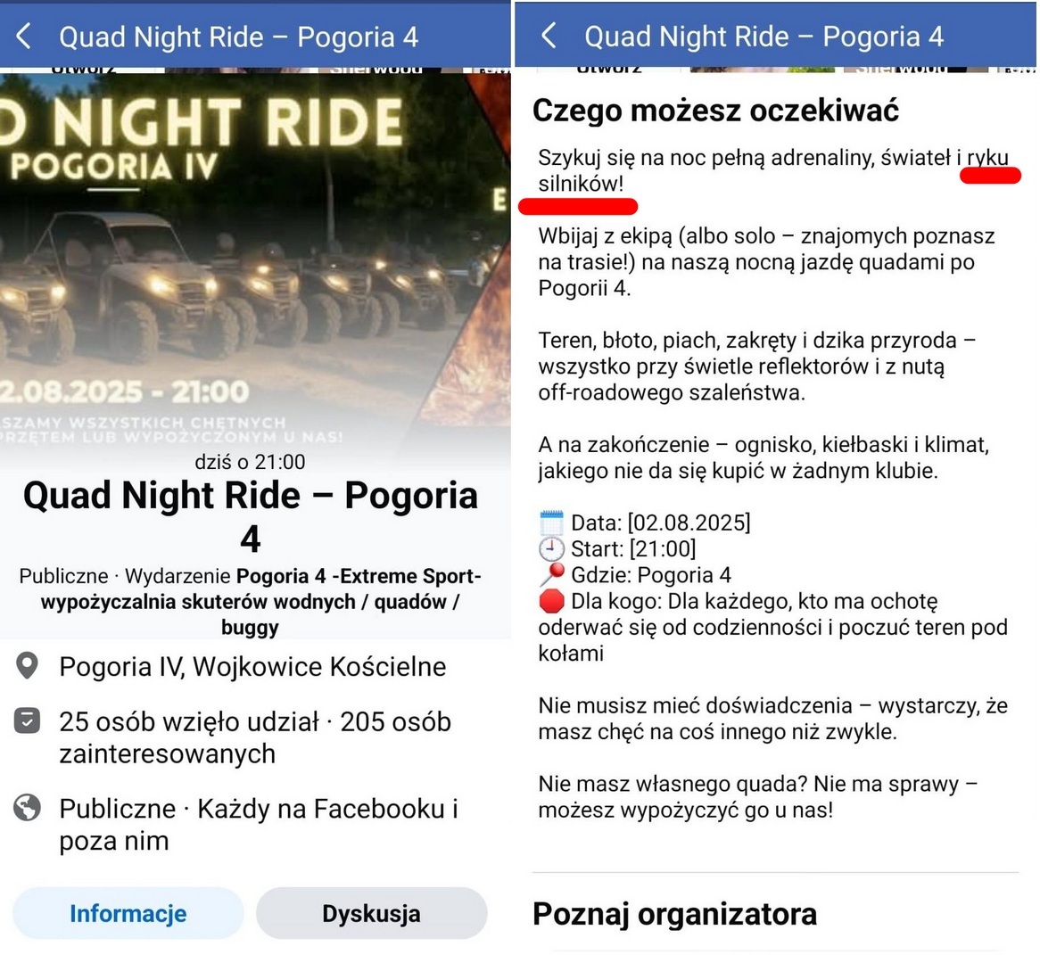 Dąbrowa Górnicza / gmina Siewierz. Zapowiedź imprezy pod hasłem „Quad Night Ride” na terenach wokół zbiornika Kuźnica Warężyńska