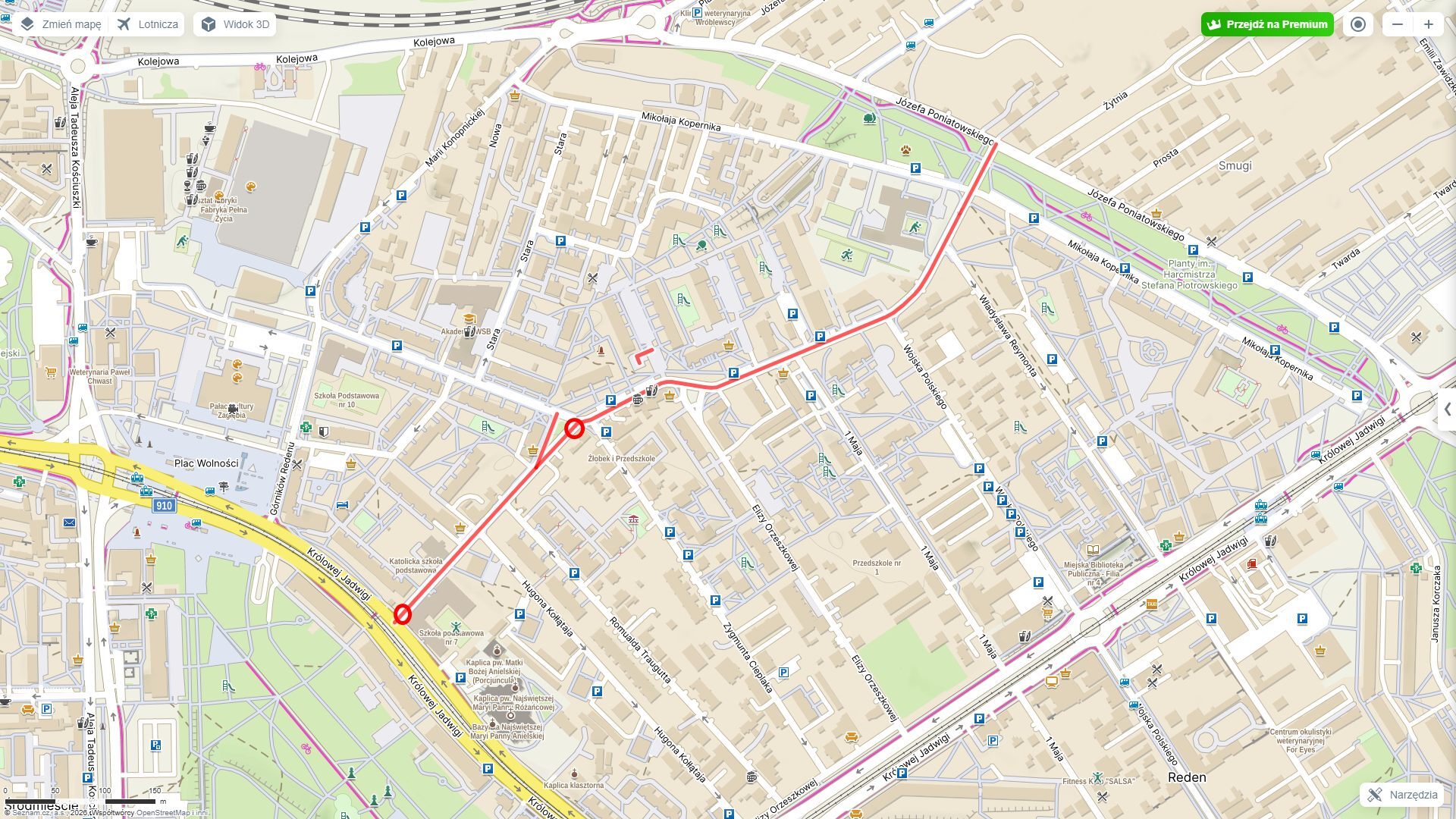 Dąbrowa Górnicza. Mapa z zaznaczoną ulicą ks. Grzegorza Augustynika i fragmentem zamykanym od 28 stycznia 2026.
