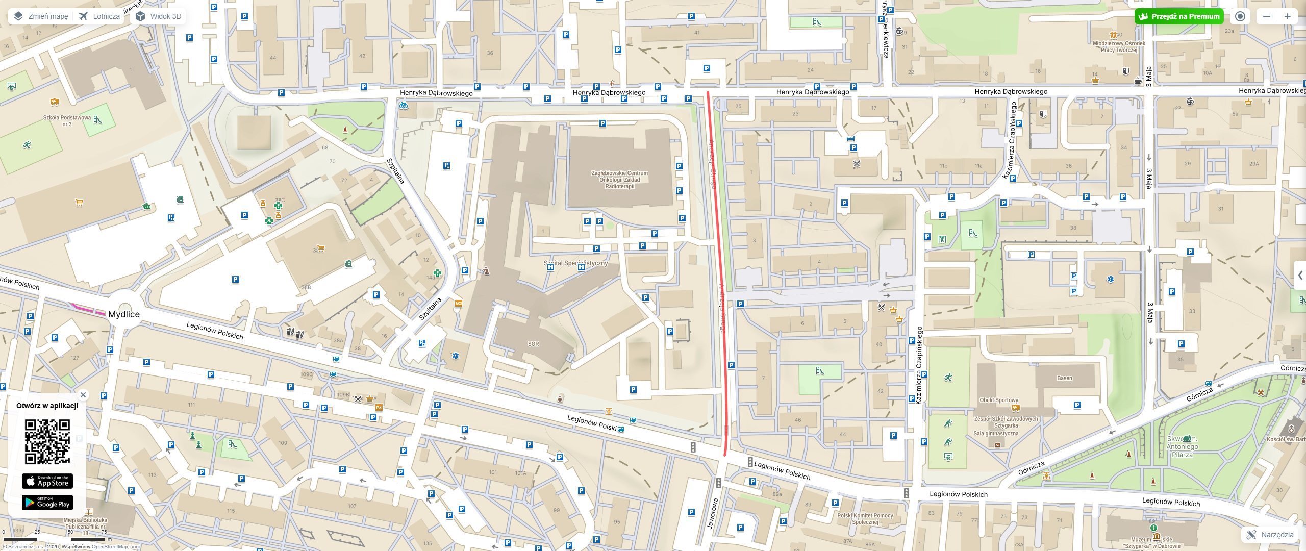 Dąbrowa Górnicza. Mapa z zaznaczoną ulicą Andrzeja Struga, która będzie remontowana od 13 kwietnia 2026