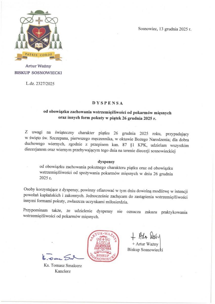 Diecezja Sosnowiecka. Dyspensa – mięso w piątek, 26 grudnia 2025.