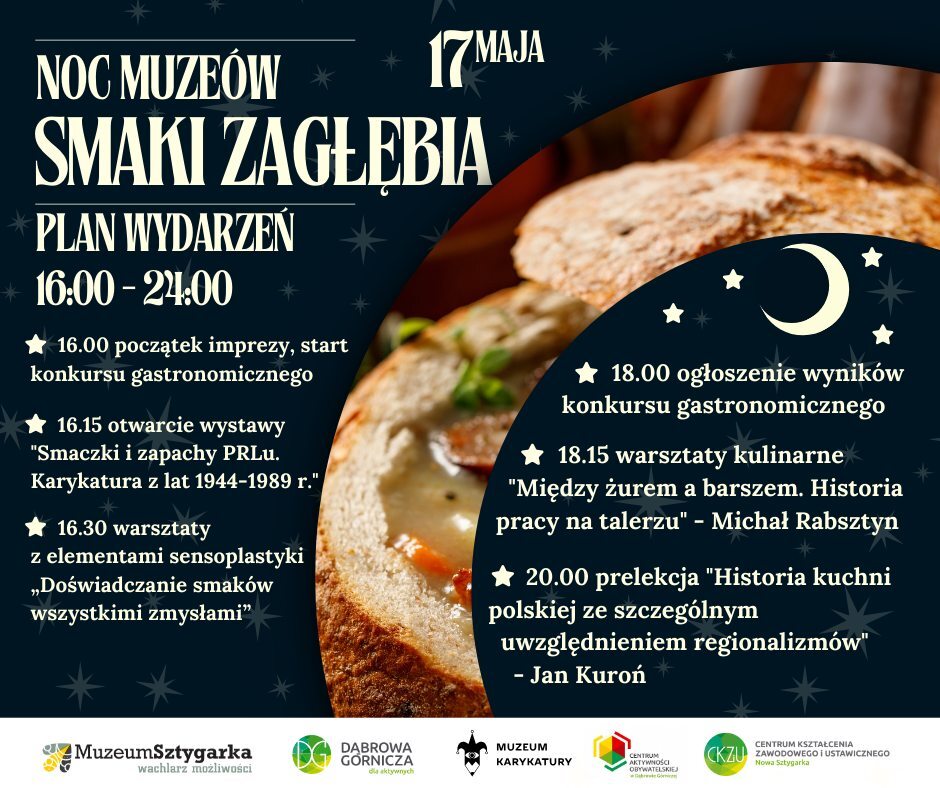 I Zaglebiowska Noc Muzeow Smaki Zaglebia 2025 Plakat Muzeum Miejskie Sztygarka Zrodlo Muzeum Miejskie Sztygarka 2025 05 01
