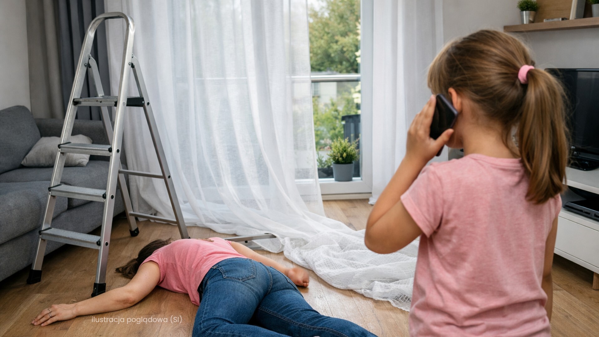 Upadek przy wieszaniu firanek. Dziewczynka dzwoni po pomoc (ilustracja przykładowa)