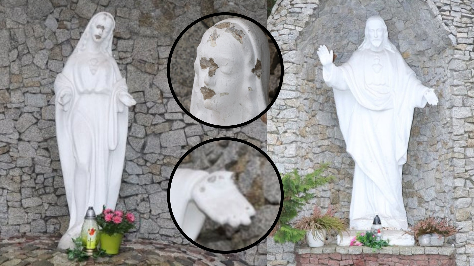 Poręba. Zniszczone figury przy kościele pod wezwaniem Świętego Józefa Oblubieńca NMP. 19 marca 2026