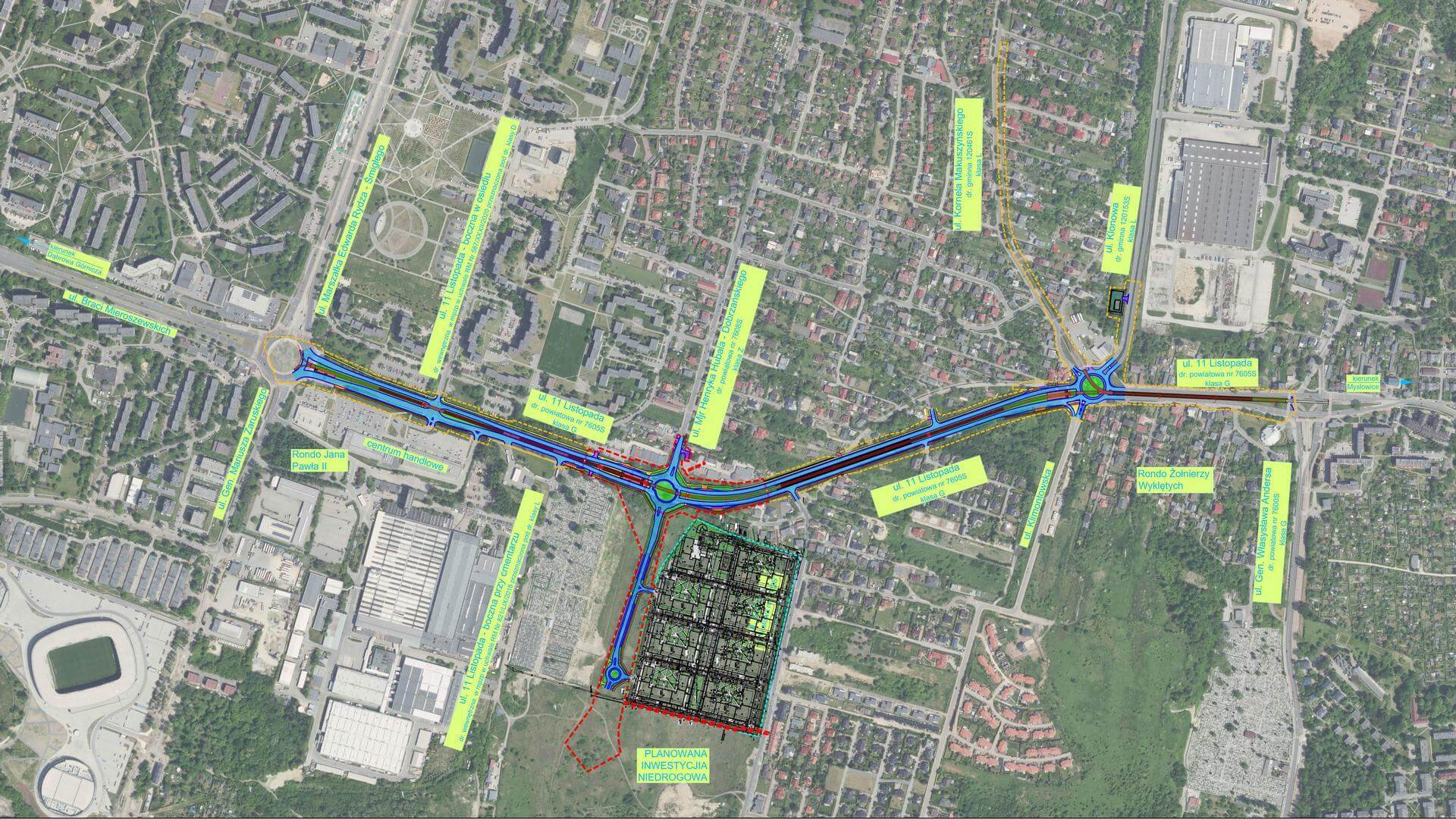 Sosnowiec. Plan nowej łącznicy tramwajowej między pętlą na rondzie Jana Pawła II a torowiskiem na rondzie Żołnierzy Wyklętych. Lipiec 2025.