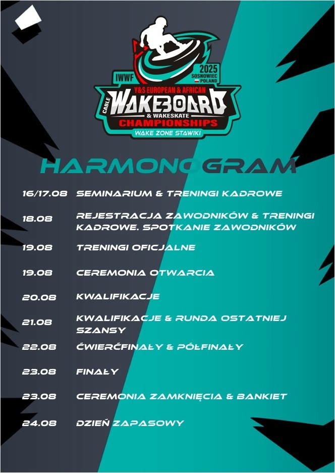 Mistrzostwa Europy i Afryki w Wakeboard i Wakeskate 2025 w Sosnowcu. Plakat.