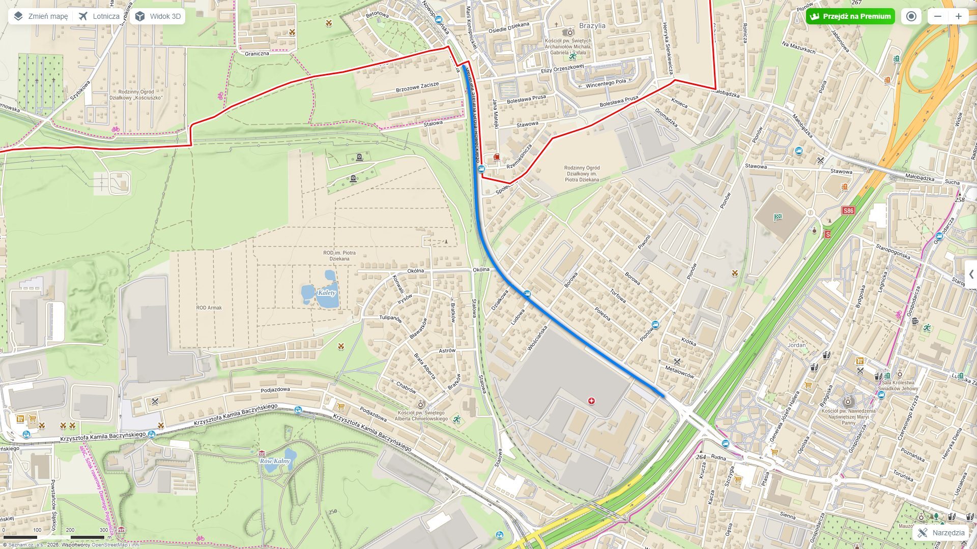Sosnowiec-Rudna. Odcinek ulicy Stefana Roweckiego „Grota”, przewidziany do remontu w ramach II etapu modernizacji. Mapa