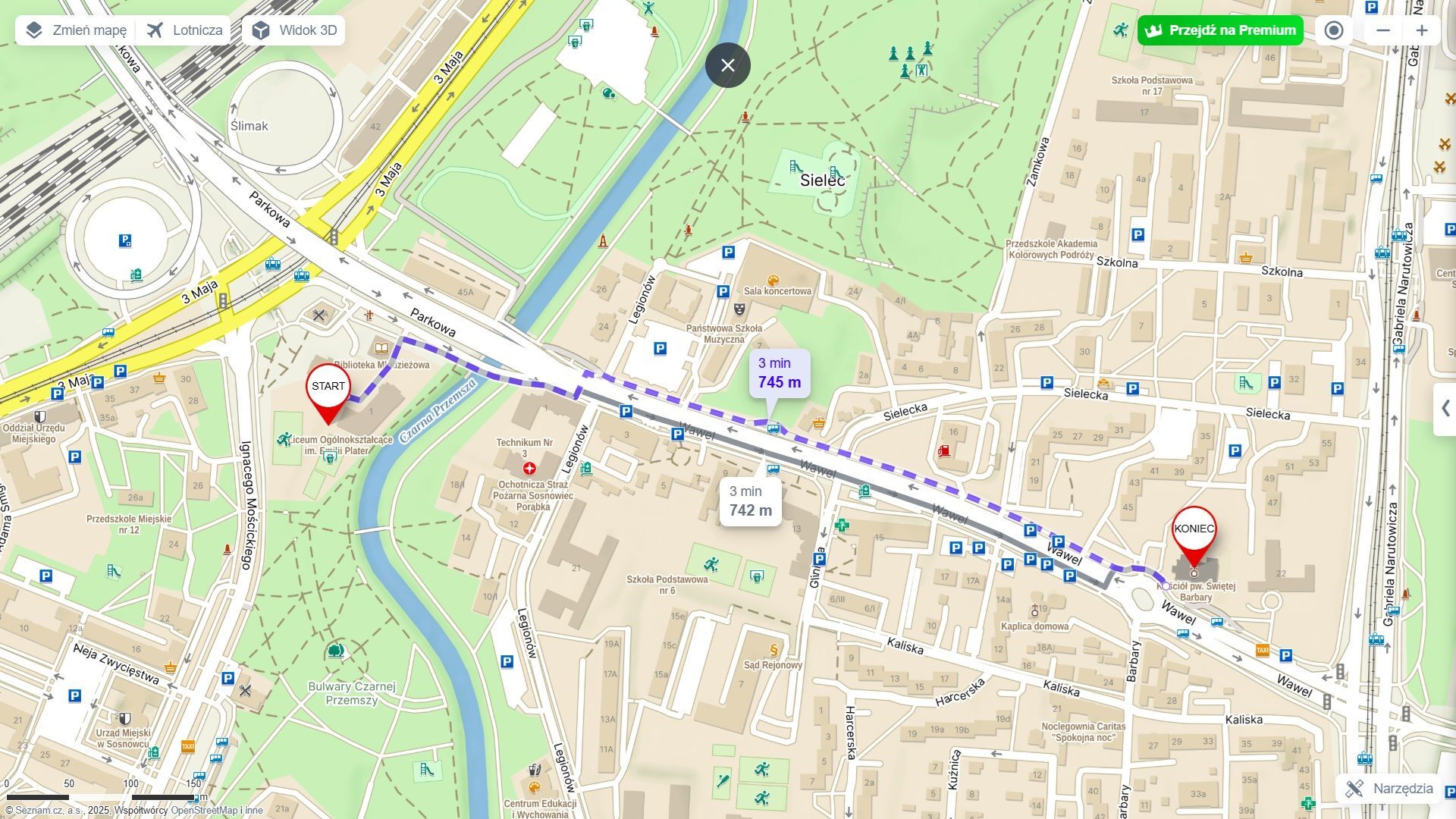 Sosnowiec-Sielec. Trasa rowerowa ulicą Wawel pomiędzy II Liceum Ogólnokształcącym a kościołem pw. Św. Barbary. Mapa.