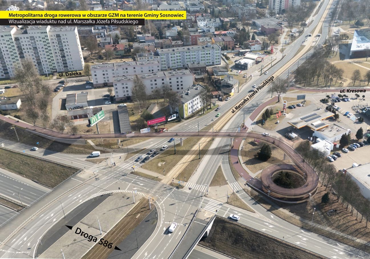 Sosnowiec. Planowany fragment velostrady z wiaduktem na Starym Sosnowcu