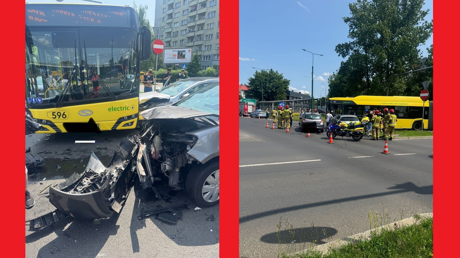 Sosnowiec. Wypadek autobusu i samochodów osobowych na wlocie ulicy Ignacego Mościckiego na ulicę 3 Maja. 5 czerwca 2025.