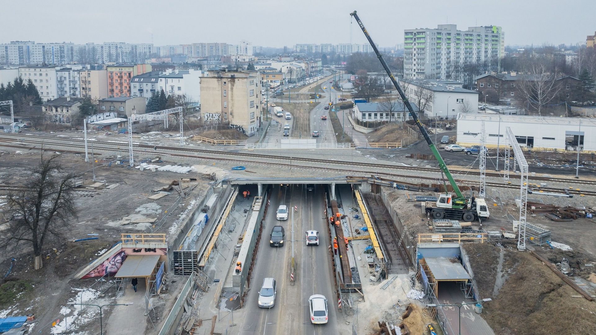 Sosnowiec. Przebudowa linii kolejowej e65. Wiadukt nad ulicą Józefa Piłsudskiego. 20 lutego 2026