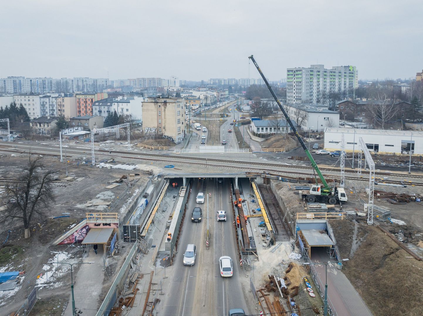 Sosnowiec. Przebudowa linii kolejowej e65. Wiadukt nad ulicą Józefa Piłsudskiego. 20 lutego 2026
