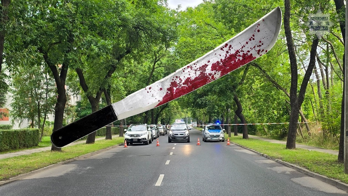Sosnowiec. Ul. Stanisława Mikołajczyka. Miejsce, w którym Policja zastrzeliła mężczyznę atakującego pojazdy maczetą. 31 lipca 2025.