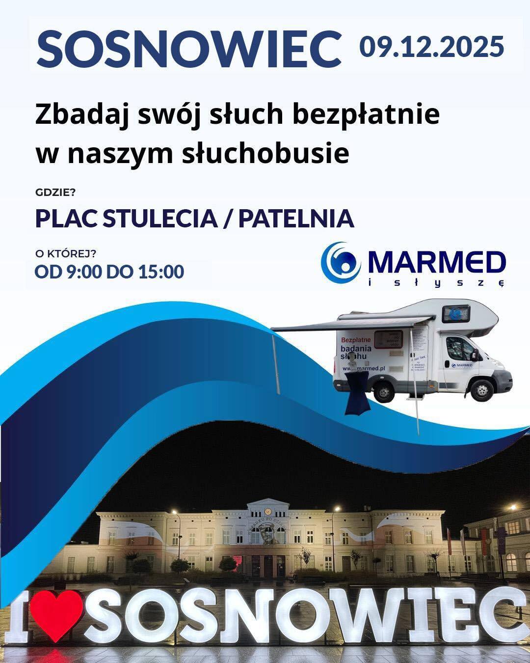 Sosnowiec. „Słuchobus” na „Patelni”– bezpłatne badania słuchu. Plakat. 9 grudnia 2025.