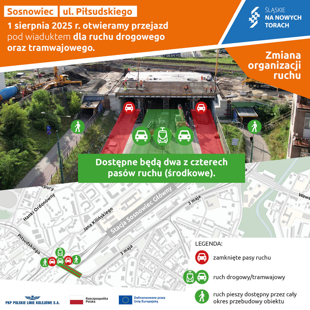 Sosnowiec. Wiadukt nad ulicą Józefa Piłsudskiego. Schemat ruchu od 1 sierpnia 2025 roku – infografika.