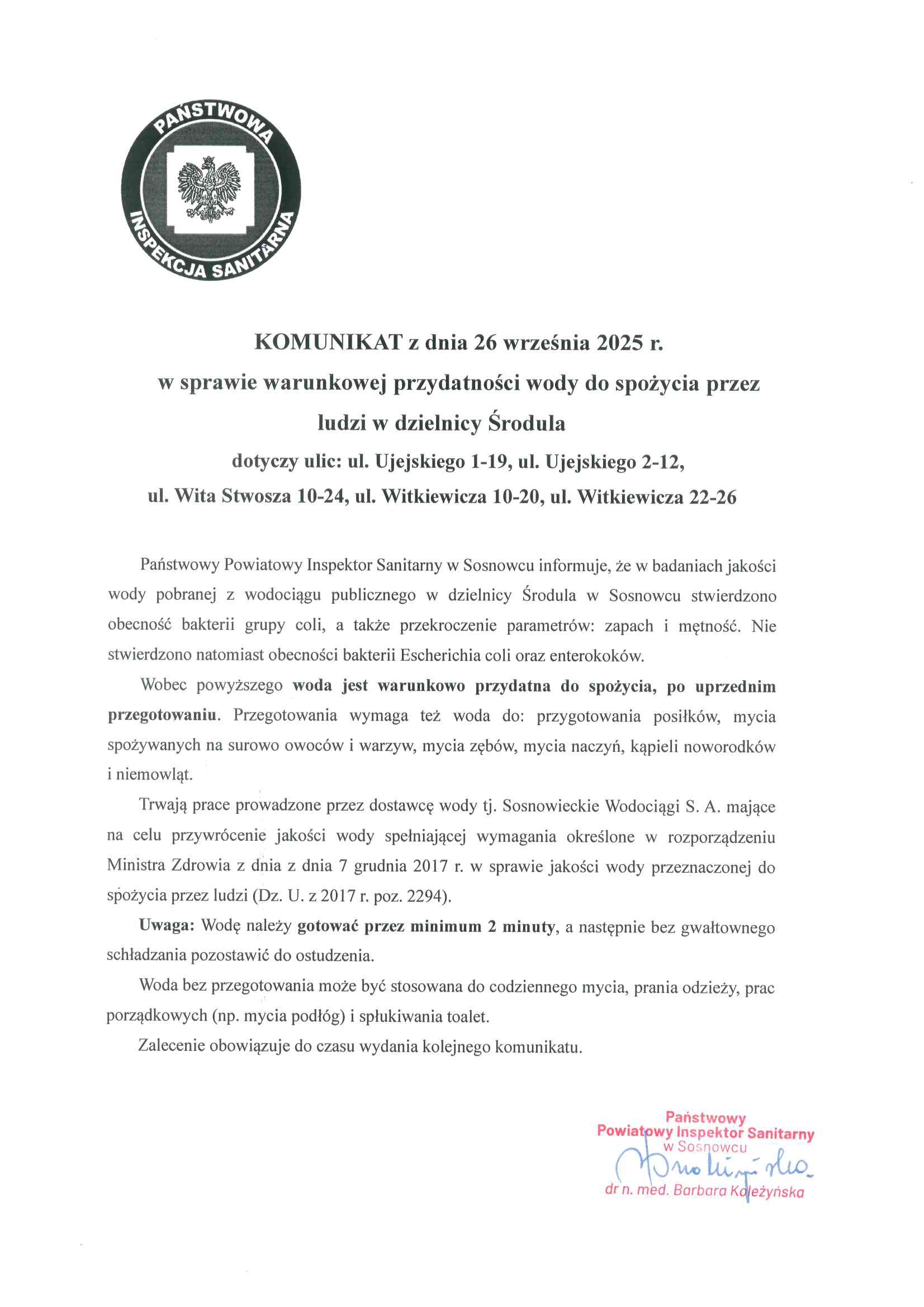 Komunikat w sprawie jakości wody w związku z zanieczyszczeniem jej podczas prac na rurociągu w Sosnowcu. 26 września 2025.