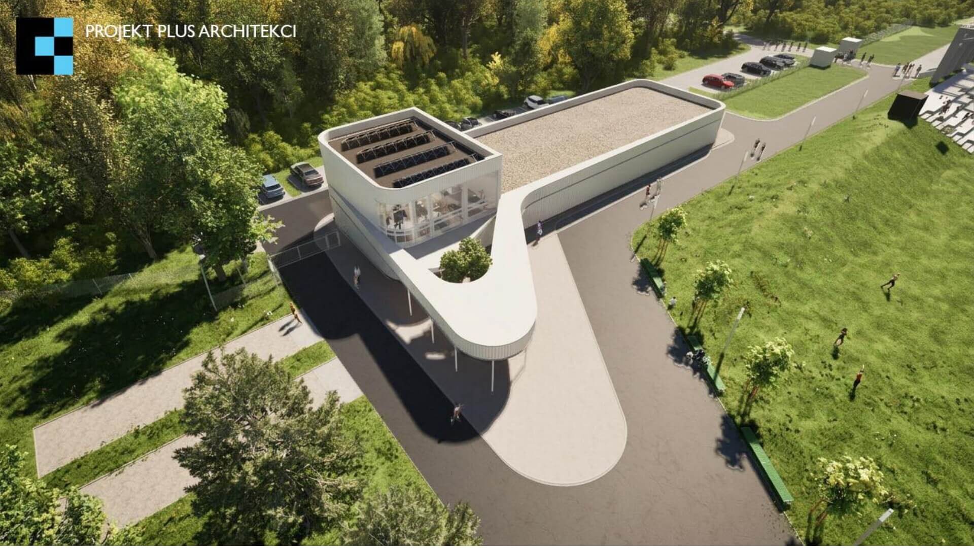 Wojkowice. Budynek zaplecza w parku sportowym przy stadionie »Millenium«. Wizualizacja. Kwiecień 2026
