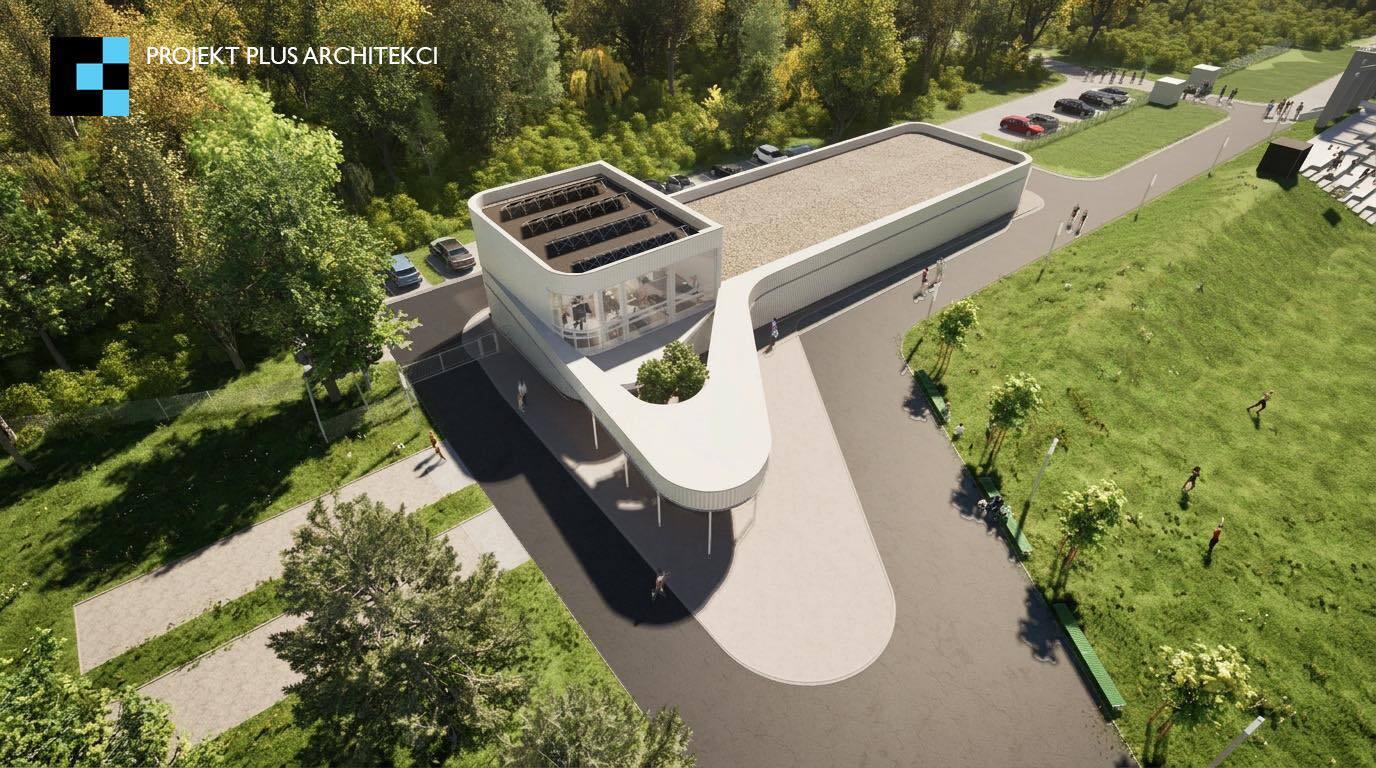 Wojkowice. Budynek zaplecza w parku sportowym przy stadionie »Millenium«. Wizualizacja. Kwiecień 2026