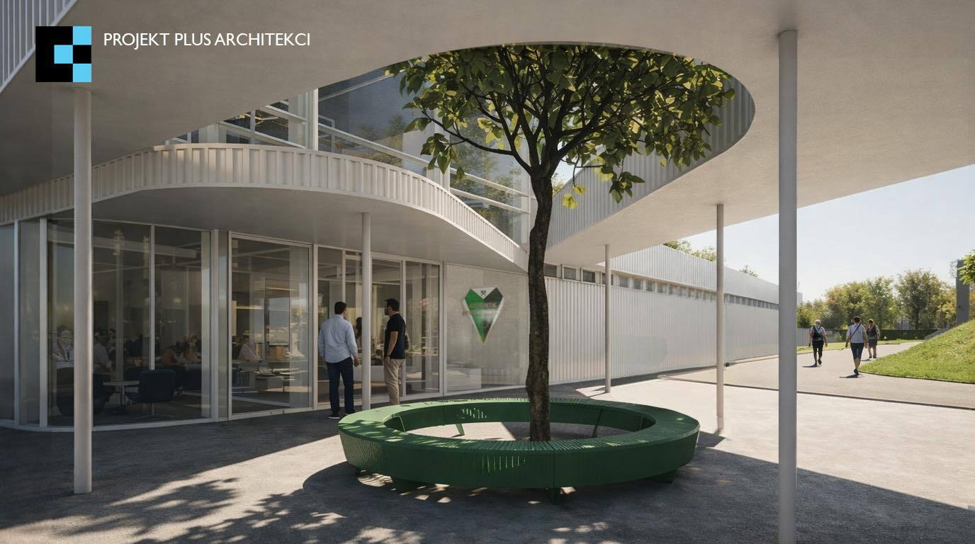 Wojkowice. Budynek zaplecza w parku sportowym przy stadionie »Millenium«. Wizualizacja. Kwiecień 2026