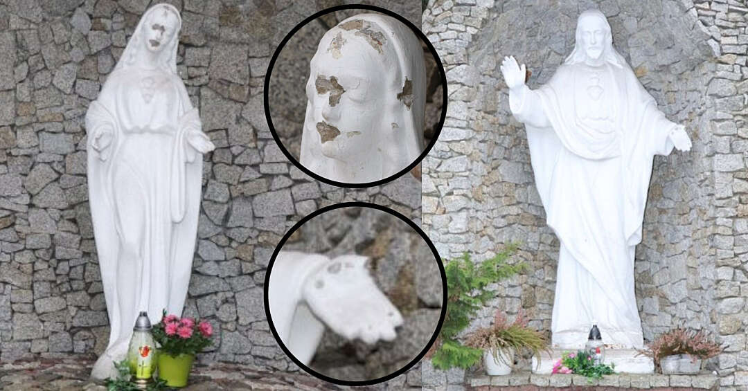 Porąbał siekierą figury w Porębie. Za zniszczenie posągów Jezusa Chrystusa i Matki Boskiej nie uniknie gniewu wiernych i… surowości prokuratora. FOTO