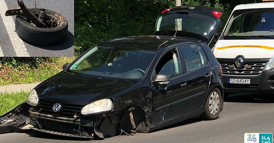 „Dzwon” w Dańdówce. Uderzenie było tak silne, iż wyrwało koło z zawieszeniem. Jedna osoba w szpitalu po wypadku w Sosnowcu [ZDJĘCIA]