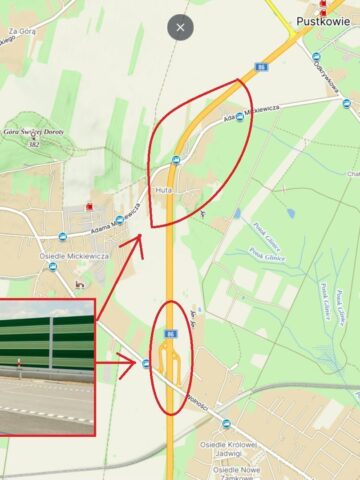Droga Krajowa 86 w Będzinie. Mapa z zaznaczonymi miejscami planowanej budowy ekranów akustycznych. 28 lutego 2025. Droga Krajowa 86 w Będzinie. Mapa z zaznaczonymi miejscami planowanej budowy ekranów akustycznych. 28 lutego 2025.