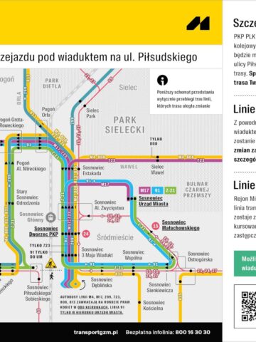 Schemat połączeń autobusowych i tramwajowych w związku z rozpoczęciem przebudowy wiaduktu nad ulicą Piłsudskiego w Sosnowcu. Zmiany od 14 lutego 2025. Schemat połączeń autobusowych i tramwajowych w związku z rozpoczęciem przebudowy wiaduktu nad ulicą Piłsudskiego w Sosnowcu. Zmiany od 14 lutego 2025.