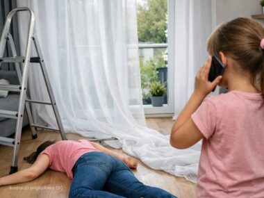 Upadek przy wieszaniu firanek. Dziewczynka dzwoni po pomoc (ilustracja przykładowa) Upadek przy wieszaniu firanek. Dziewczynka dzwoni po pomoc (ilustracja przykładowa)