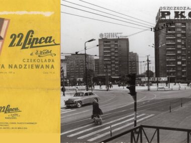 „Święto Wedla” w Zagłębiu Dąbrowskim. 22 lipca w PRL Opakowanie z czekolady deserowej, nadziewanej produkcji Zakładów Przemysłu Cukierniczego „22 Lipca” (dawniej: „E. Wedel”). Sosnowiec. Skrzyżowanie ulic Czerwonego Zagłębia i 22 Lipca w okolicach święta 22 Lipca. 1972 rok.