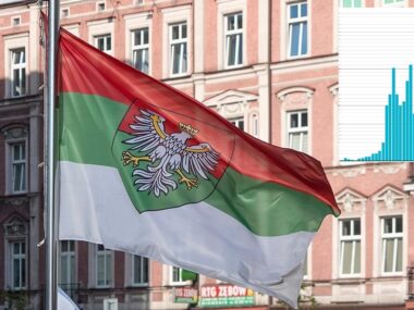 Zagłębie Dąbrowskie przoduje w Polsce! Choć tym razem to nie powód do radości. Ma najniższą dzietność i najszybciej starzejącą się społeczność. Flaga Zagłębia Dąbrowskiego w Sosnowcu, ulica Warszawska, 24 czerwca 2024. Demografia – ilustracja poglądowa.